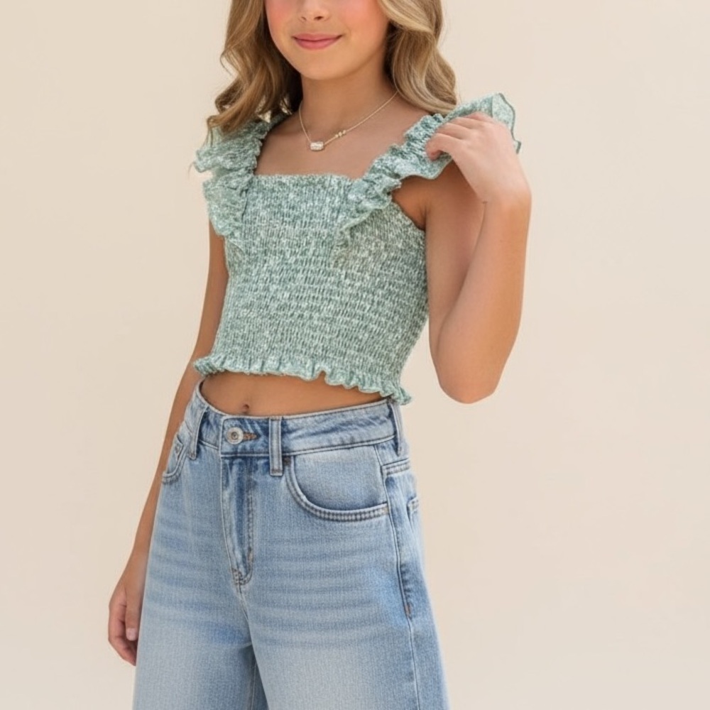 Smocked Ruffle Size 12 Sage Green White Floral